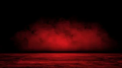 Vlies Fototapete Rot  violett Abstrakter Hintergrund mit mystischem mehrfarbigem Rauch, der sich über alten nassen Asphalt bewegt. Leere dunkle Stadtstraße mit Horroratmosphäre. Nachtszene mit Nebel ohne Menschen.