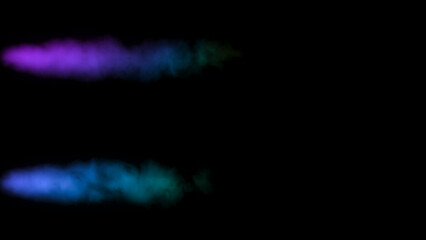 Abstract black background with two jets of colorful smoke, neon style, mystic steam, design template, smoky pattern.