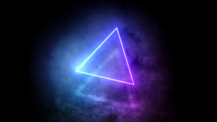 Fototapeta premium Abstract triangular neon portal flying in smoke past a concrete wall. Dark scene with futuristic atmosphere. 