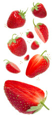 Strawberry levitation on a white isolated background. Whole pieces of strawberries and cut
