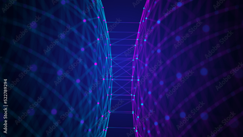 Poster abstract dark background with moving spheres of lines and dots. data transmission. visualization of 