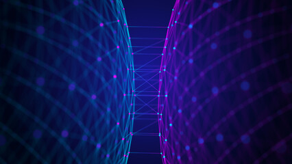 Abstract dark background with moving spheres of lines and dots. Data transmission. Visualization of network connections. The concept of big data. Internet connection worldwide. 3d rendering.