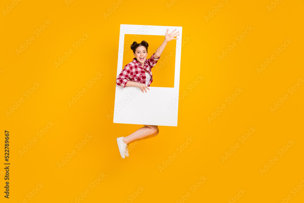 Sticker Full length photo of excited lady wave palm friends from white photo border travel isolated vivid color background