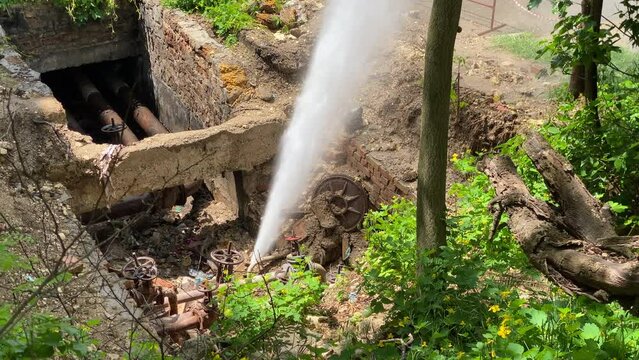 Water burst pipeline damage in Simferopol, Crimea, Russia.