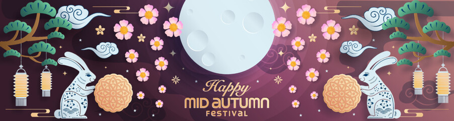 Mid autumn festival paper art style with full moon, moon cake, chinese lantern and rabbits on background. © Chef Kai Vector