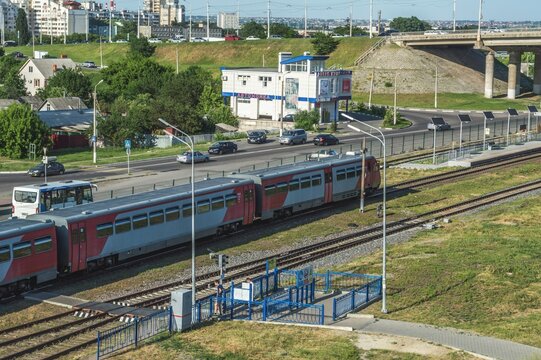 Passenger train moving on railroad track