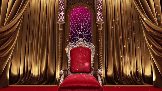 moroccan arc door with golden curtains on the side and arabesque style and king armchair, islamic vip concept, ramadan, eid mubarak, yellow and gold curtains,