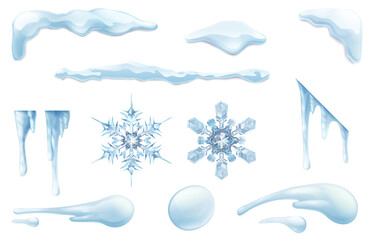 Set of frozen icicles, ice and snow winter design elements. Includes snowflakes and snowballs. - obrazy, fototapety, plakaty