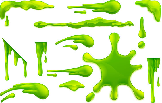 Set of slime or mucus liquid green goo blobs, splats, drips and drops design elements