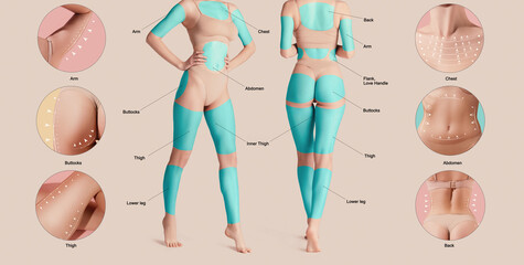 Poster with female body with marked areas for lifting procedures. Base fat problems areas of human...