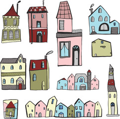 funny illustration of houses, town and country, with red roofs and fantastic colours