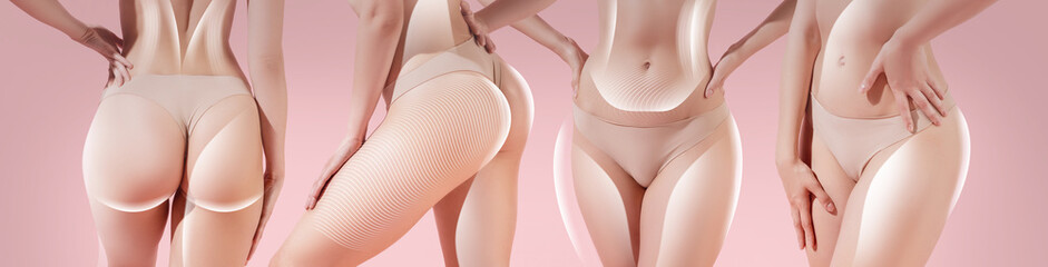 Collage with cropped images of slim female bodies with lifting up lines over pink background. Body...