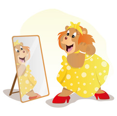 gummy bear in a yellow dress in front of the mirror