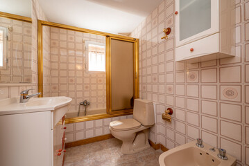 Bathroom with large shower with gold-edged glass partition, mirror with fine white frame and matching porcelain sink
