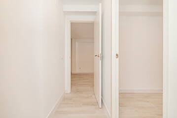 Hallway of a house with white wooden doors, wood-like stoneware floors and matching white carpentry