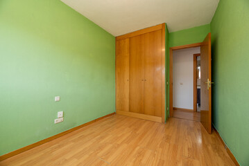 Empty room with green walls, wooden floors and built-in wardrobe with matching wooden doors