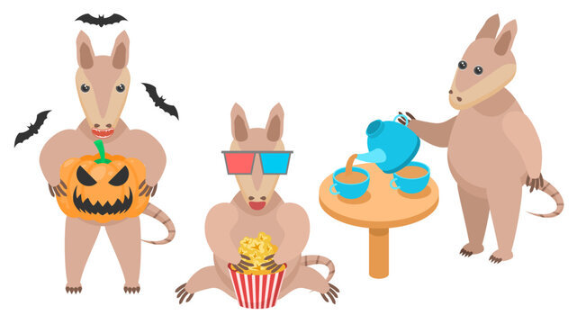 Set Abstract Collection Flat Cartoon Different Animal Armadillo Watching A Movie With Popcorn, With A Pumpkin And Bats Around, Pours Tea Into Cups Vector Design Style Elements Fauna Wildlife