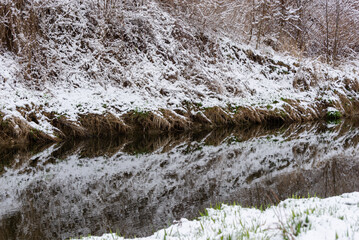 Bielsko-Biała, dopływ Wisły, wczesna wiosna, brzeg rzeki odbijający się w wodzie, śnieg, drzewa, woda (7).