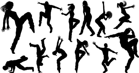 A set of men and women street dance hip hop dancers in silhouette