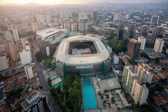Aerial view of Allianz Parque Soccer Stadium of Palmeiras Football Club - Sao Paulo, Brazil