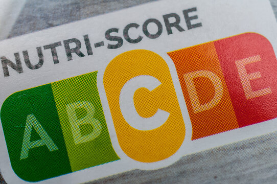 Close-up Nutri-Score C label on food packaging giving information on nutritional quality
