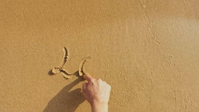 tex on the sand, word love and shape of heart, sea waves erase the words. Concept of love, peace and travelling. High quality FullHD footage