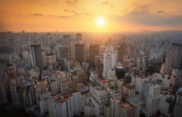 Aerial view of Sao Paulo Historic City Center at sunset with Altino Arantes Building (former Banespa, now Farol Santander) - Sao Paulo, Brazil