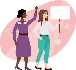 Women with a poster in hand. Women protest for their rights and feminism. Vector illustration in flat cartoon style.