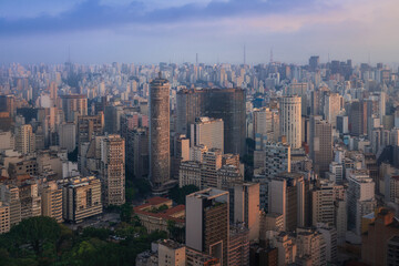 Fototapeta na wymiar Aerial view of Sao Paulo Skyline with Italia and Copan Buildings - Sao Paulo, Brazil