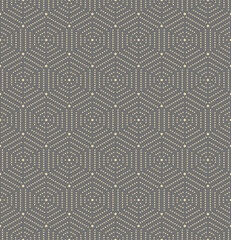 Geometric repeating ornament with hexagonal dotted elements. Geometric modern dotted golden ornament. Seamless abstract modern pattern