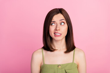 Photo of dislike brunette lady look promo wear khaki top isolated on pink color background
