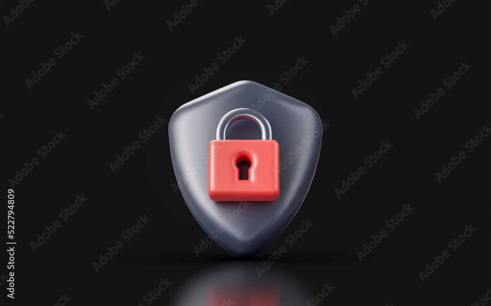 Poster security shield lock sign on dark background 3d render concept for protection encryption