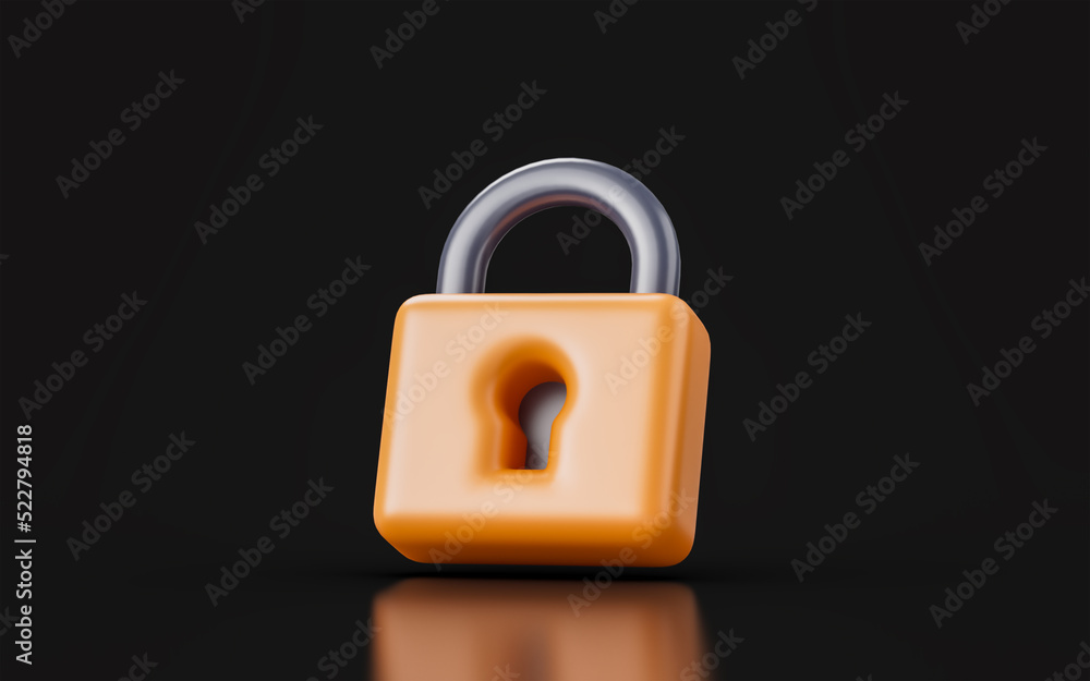Poster lock sing on dark background 3d render concept for protection safeguard security