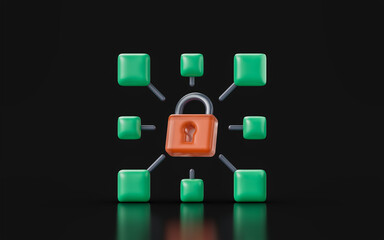 lock centralized sign on dark background 3d render concept for networking security 