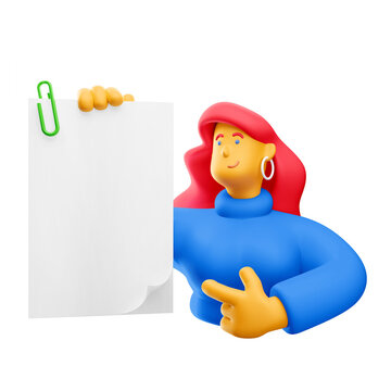 3d illustration. Cartoon girl 3d character with document. PNG image.
