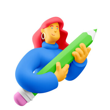 3d illustration. Cartoon girl 3d character with pencil. Concept of creativity. PNG image.