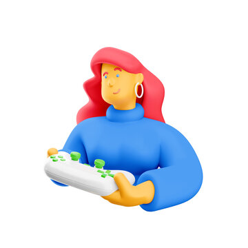 3d illustration. Cartoon girl 3d character with gamepad. Gaming concept. PNG image.