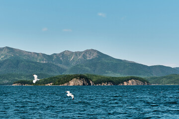 Obraz premium Chivyrkuisky Bay of Lake Baikal.Bolshoy Kyltygey island. Zabaikalsky National Park,Buryatia,Russia