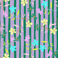 Cute simple flower seamless pattern. Doodle botanical plants background. Hand drawn abstract floral wallpaper.
