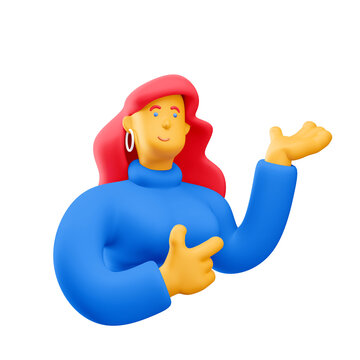 3d illustration. Cartoon girl 3d character showing something. PNG image.