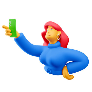 3d illustration. Cartoon girl 3d character taking a selfie. PNG image.
