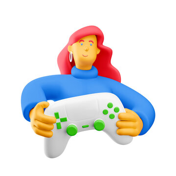 3d illustration. Cartoon girl 3d character with gamepad. Gaming concept. PNG image.