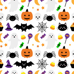 Seamless pattern Halloween Ghost pumpkin bat spider vector illustration