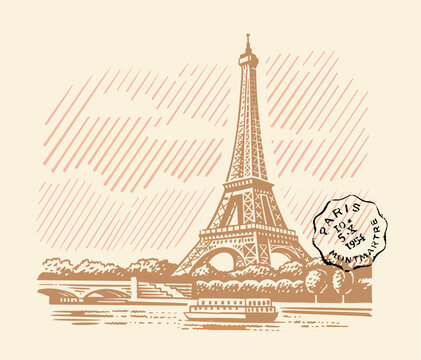 Paris with the Eiffel Tower vintage drawing.