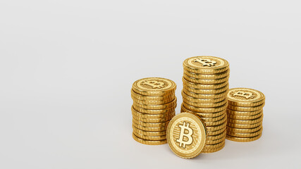 Golden Bitcoins on a White Background, 3D illustration