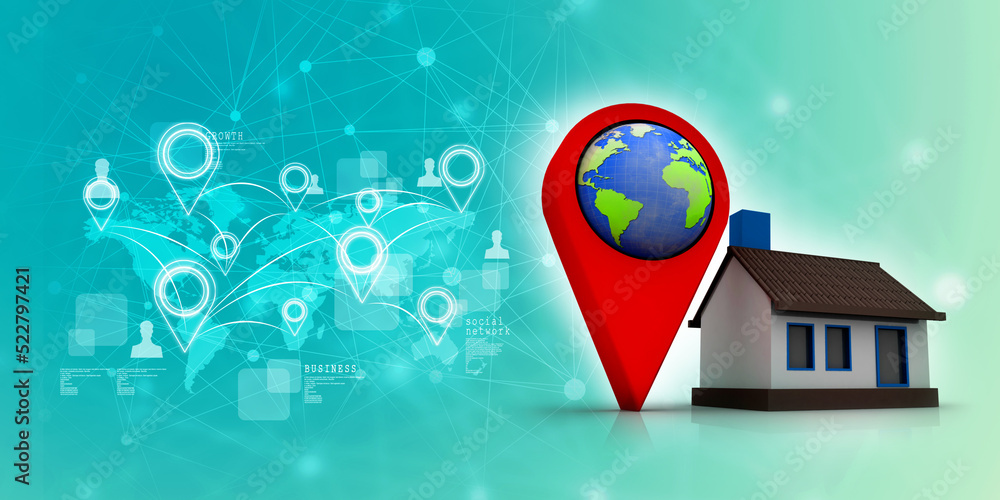 Poster 3d illustration search for property. a map with large red gps pointer near home