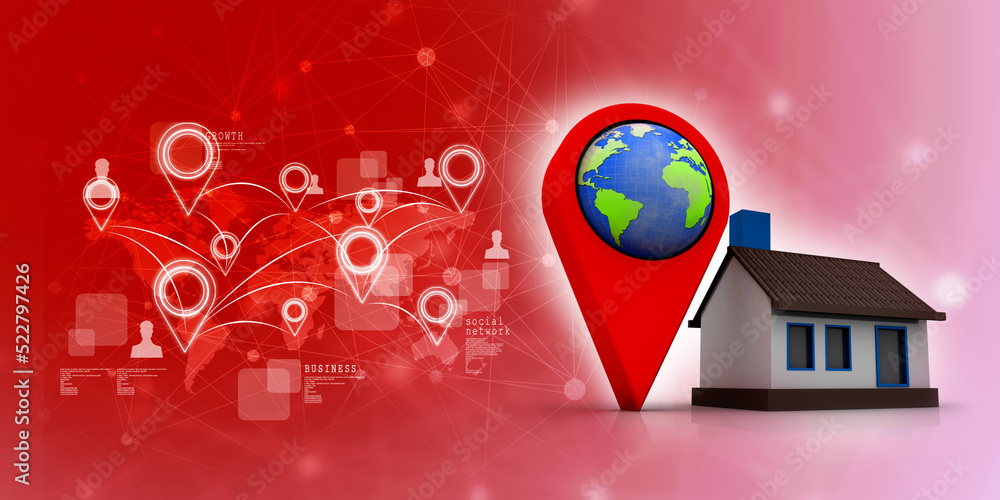 Poster 3d illustration search for property. a map with large red gps pointer near home