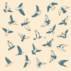 Dove of peace illustrations set. Concept of peace. Flying stylized birds vector illustrations