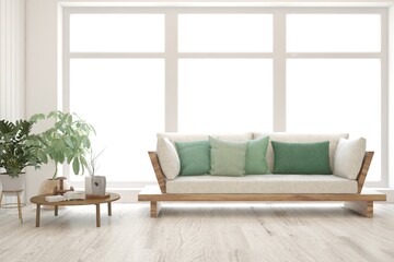White living room with sofa. Scandinavian interior design. 3D illustration