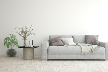 White living room with sofa. Scandinavian interior design. 3D illustration